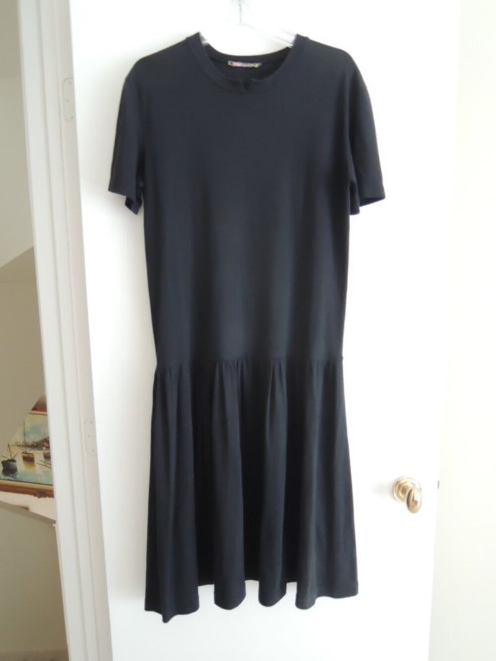 Ladies Dress Size M Dropped Waist S/S Black 100% Cotton Midi Vtg FORENZA Dress